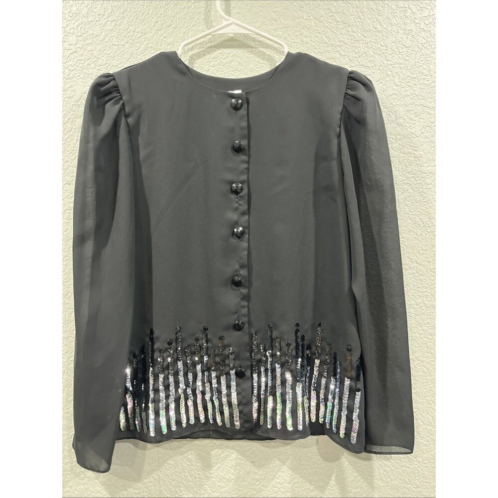 Patra Vtg Sequin Blouse Womens 9/10 Black Button Front Puff Sleeve Evening Glam